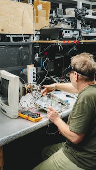 What we do Technician working on electronic components in a workshop, focusing on circuit board repairs.